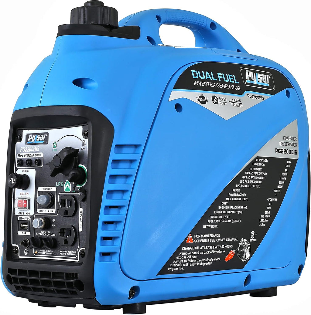 Pulsar 2,200W Portable Dual Fuel Quiet Inverter Generator with USB Outlet & Parallel Capability, CARB Compliant, PG2200BiS