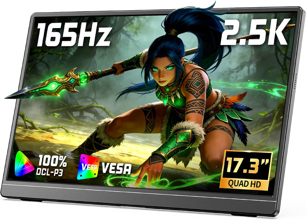 VILVA 17.3'' Portable Monitor 2.5K QHD 165Hz Gaming Display, Ultra-Slim Metal Body, Built-in Stand, USB-C HDMI External Monitor for Laptop, PC, PS5, Xbox, Switch