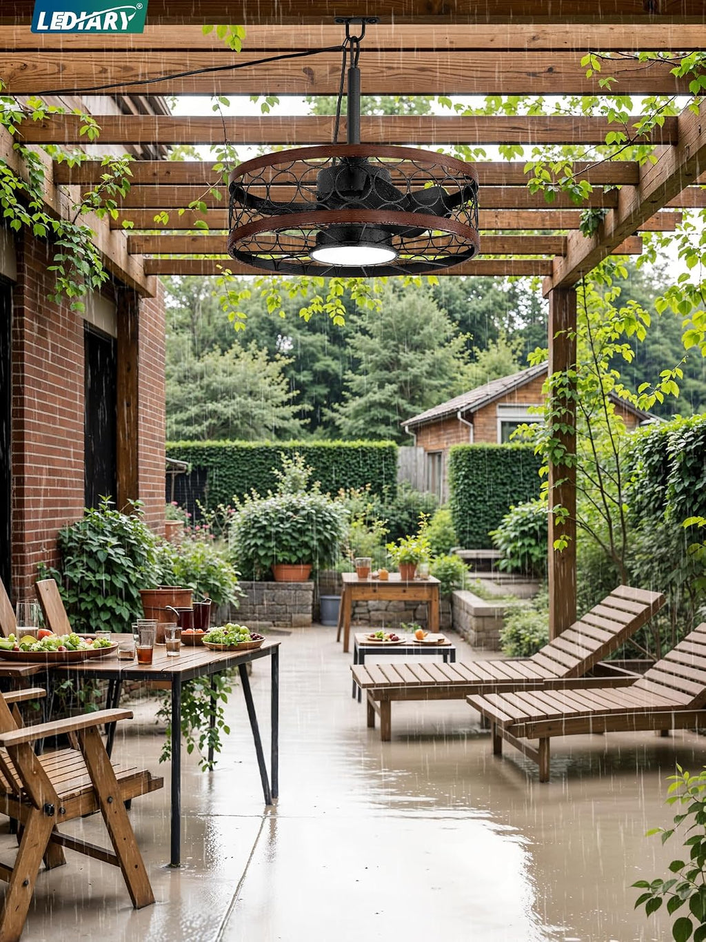 LEDIARY Outdoor Ceiling Fan with Light and Remote,Waterproof Gazebo Fan with Hanging Hook,6 Speeds, 3CCT, 20 Inch Caged Plug in Ceiling Fan for Patios,Porch, Pergola,Canopy