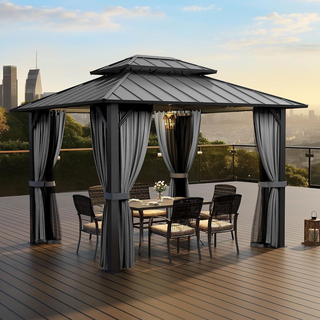 PAMAPIC 10x12FT Hardtop Gazebo,Galvanized Steel Double Roof with Aluminum Frame,Outdoor Permanent Pavilion with Breathable Netting & Privacy Curtain for Patio,Backyard,Deck,Lawn,Gray