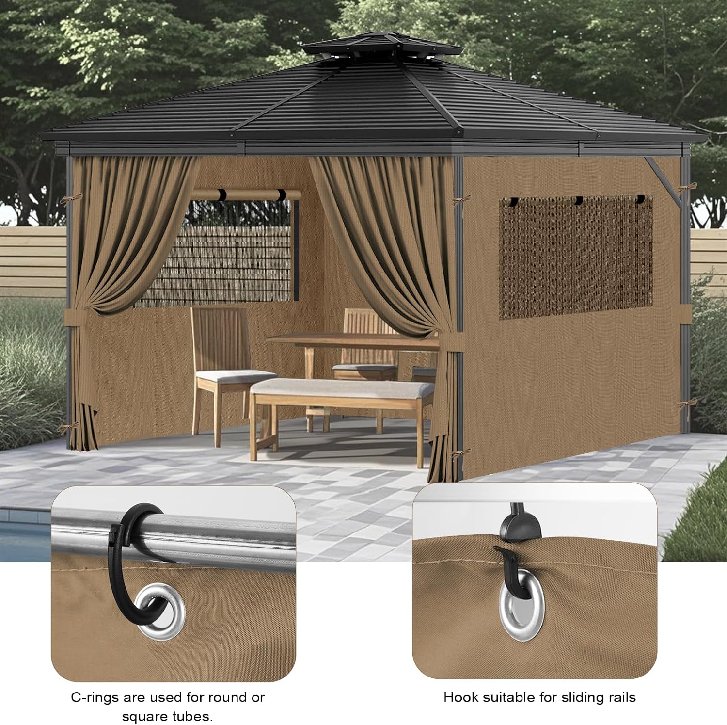 Universal Replacement Privacy Curtains for Gazebos, 10x12 ft Outdoor Waterproof with Large Mosquito-Proof Window Opening, 2-Piece Four-Sided Side Walls with Zippers (Curtains Only, Khaki)