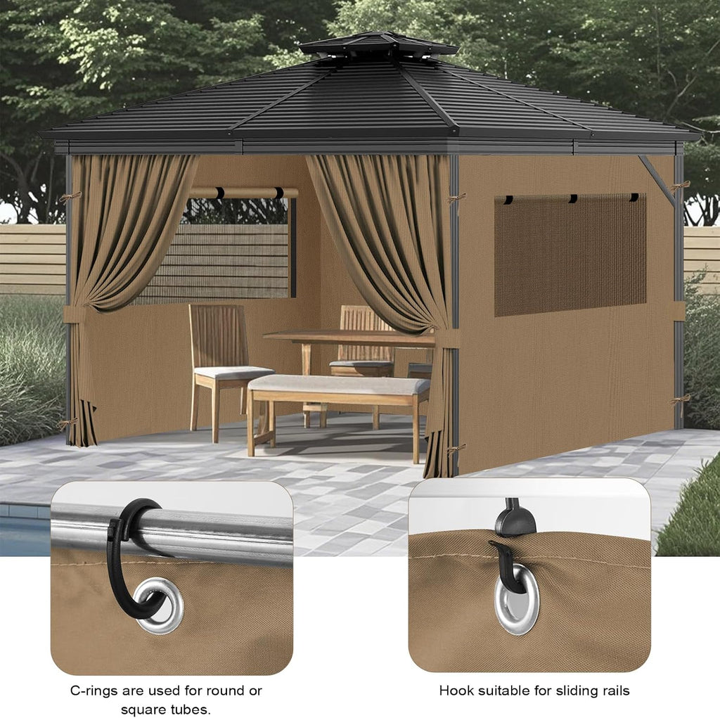 Universal Replacement Privacy Curtains for Gazebos, 12x12 ft Outdoor Waterproof with Large Mosquito-Proof Window Opening, 2-Piece Four-Sided Side Walls with Zippers (Curtains Only, Khaki)