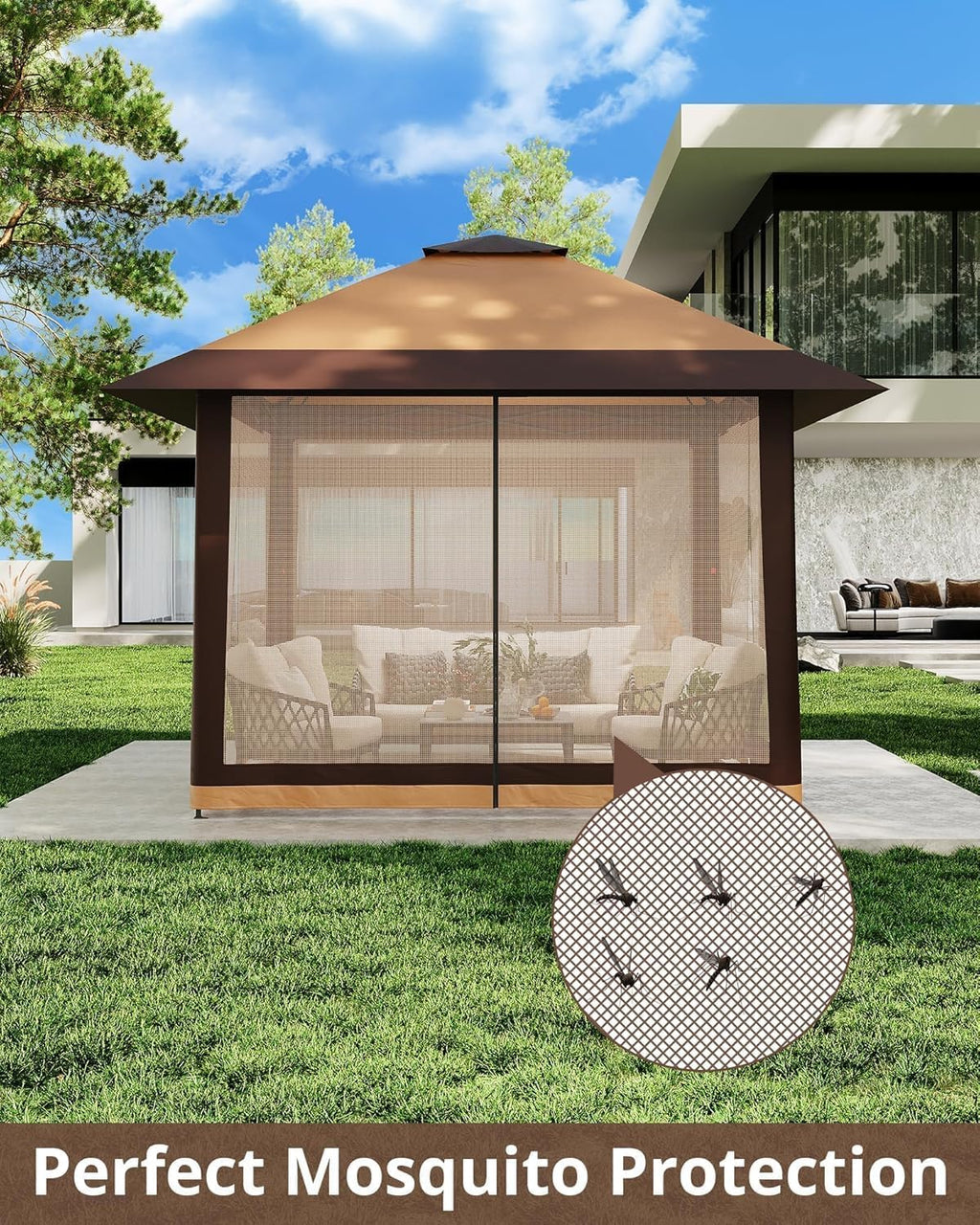 Pop Up Gazebo 13 * 13 Ft Outdoor Tent with Mosquito Net - Patio Gazebo 3 Level Adjustable Height Outdoor Gazebos for Backyard Waterproof Double Roof Patio Canopy for Parties BBQs