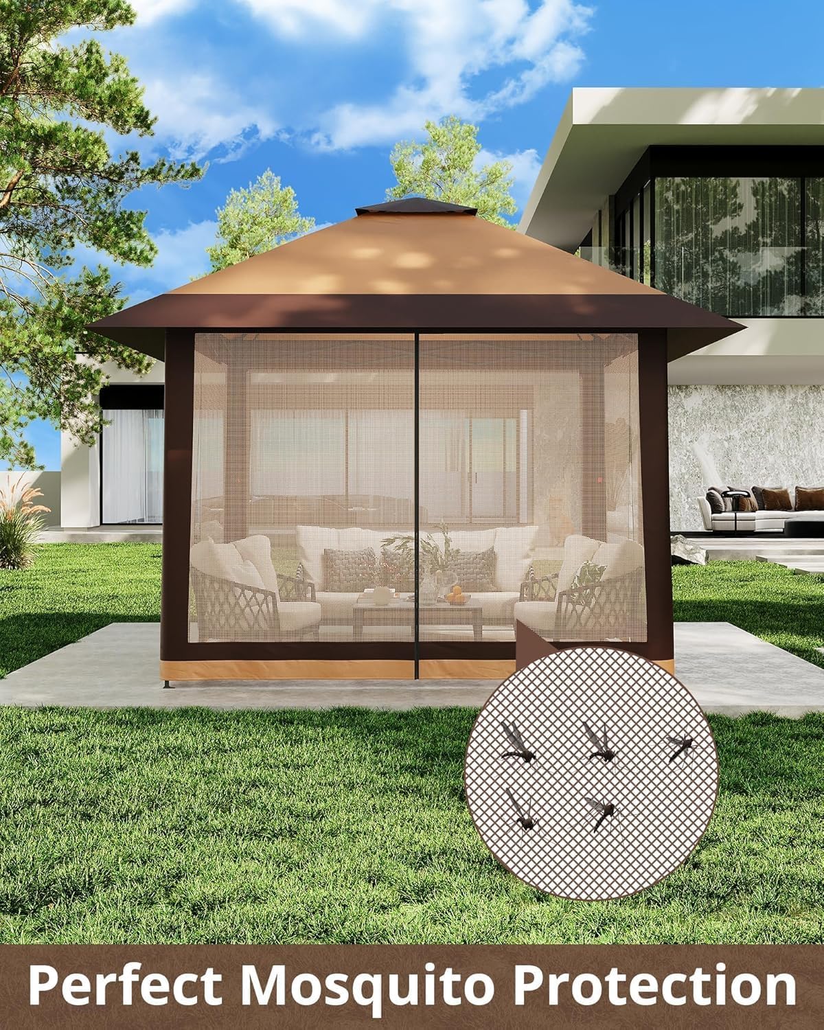 Pop Up Gazebo 13 * 13 Ft Outdoor Tent with Mosquito Net - Patio Gazebo 3 Level Adjustable Height Outdoor Gazebos for Backyard Waterproof Double Roof Patio Canopy for Parties BBQs
