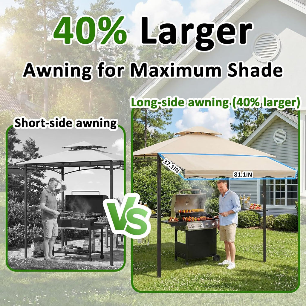 CHARMELEON 8x8 FT Grill Gazebo, Grill Canopy with Big Awning&2 Side Shelves&6 Hooks&Bottle Opener, Powder-Coated Steel BBQ Shelter for Patio Backyard Outdoor Grilling-Beige