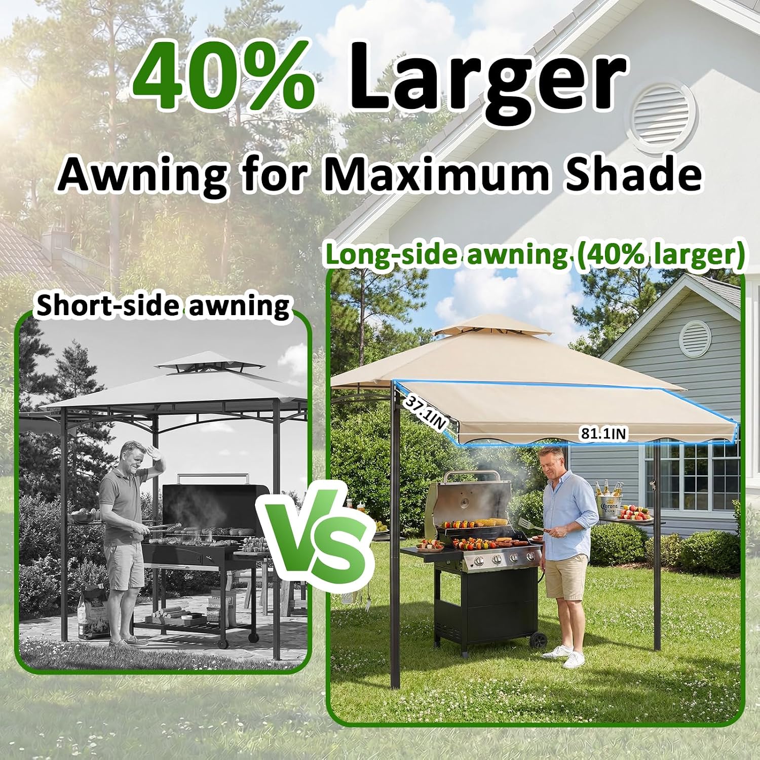 CHARMELEON 8x8 FT Grill Gazebo, Grill Canopy with Big Awning&2 Side Shelves&6 Hooks&Bottle Opener, Powder-Coated Steel BBQ Shelter for Patio Backyard Outdoor Grilling-Beige