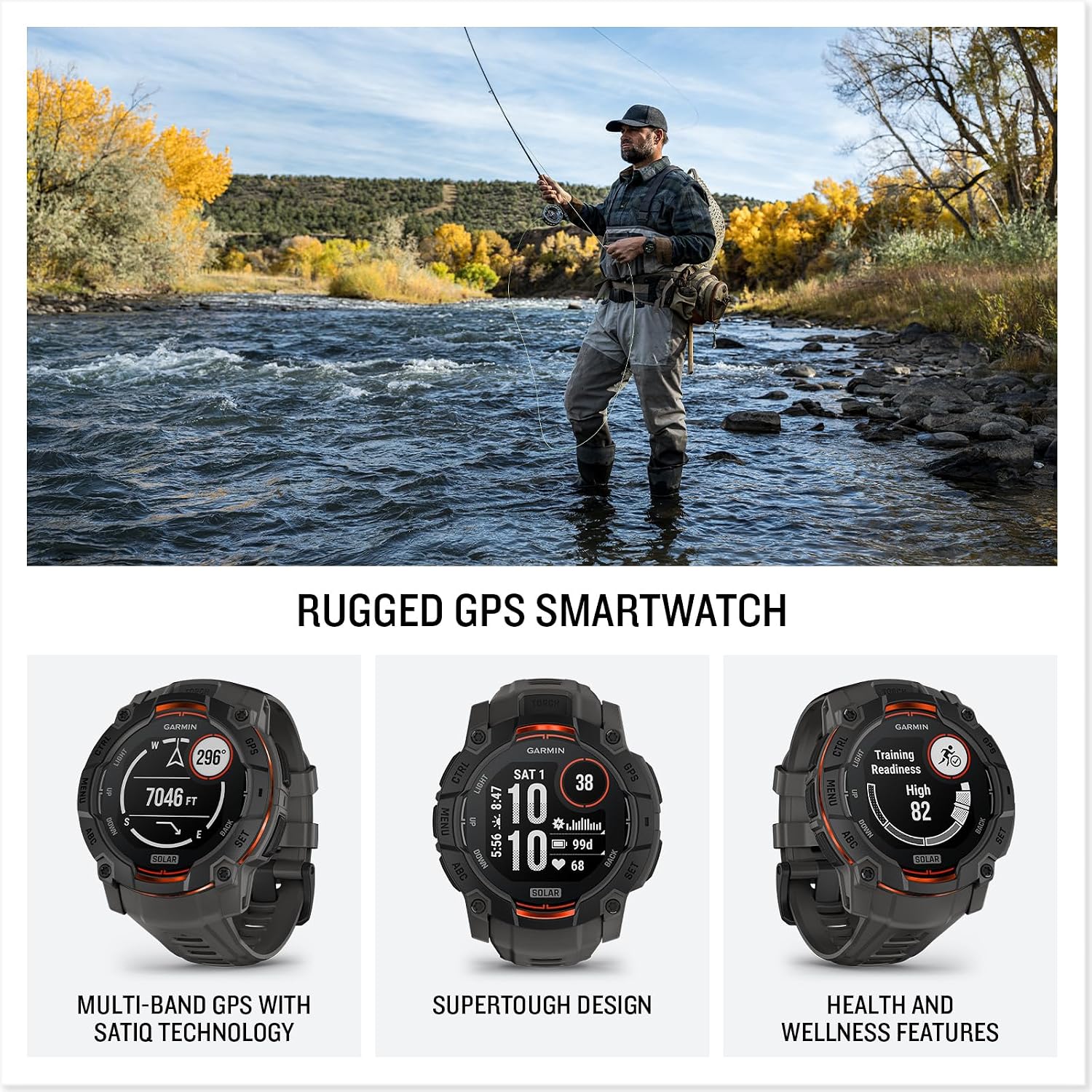 PlayBetter Garmin Instinct 3 Solar (Whitestone/Bolt Blue, 50mm) Outdoor GPS Smartwatch Gift Box Bundle - Bolted Construction, Unlimited Battery Life HD Screen Protectors, Wall Adapter & Case