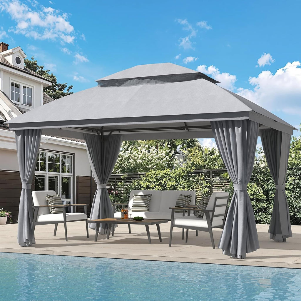 LuxaDomus Outdoor Gazebo 10'×13' for Patio, Metal Frame Canopy with Double Roofs, Heavy Duty Party Tent with Mosquito Netting and Curtains for Backyard, Garden, Lawn and Deck, Grey
