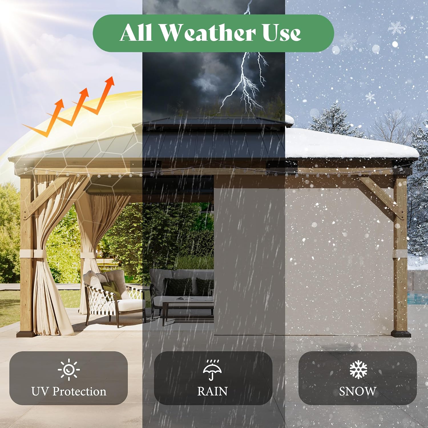 AMERLIFE 12' x 16' Heavy Duty Hardtop Gazebo with Double Metal Roof, Wood Gazebo with Privacy Curtains & Mosquito Netting, Outdoor Pavilion for Backyard, Garden & Patio, Brown