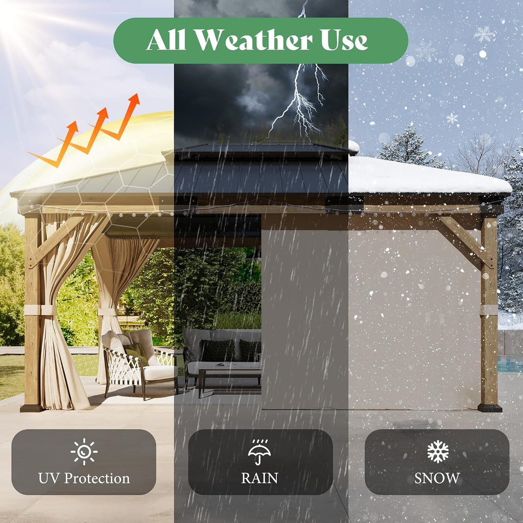 AMERLIFE 12' x 14' Heavy Duty Hardtop Gazebo with Double Metal Roof, Wood Gazebo with Privacy Curtains & Mosquito Netting, Outdoor Pavilion for Backyard, Garden & Patio, Brown