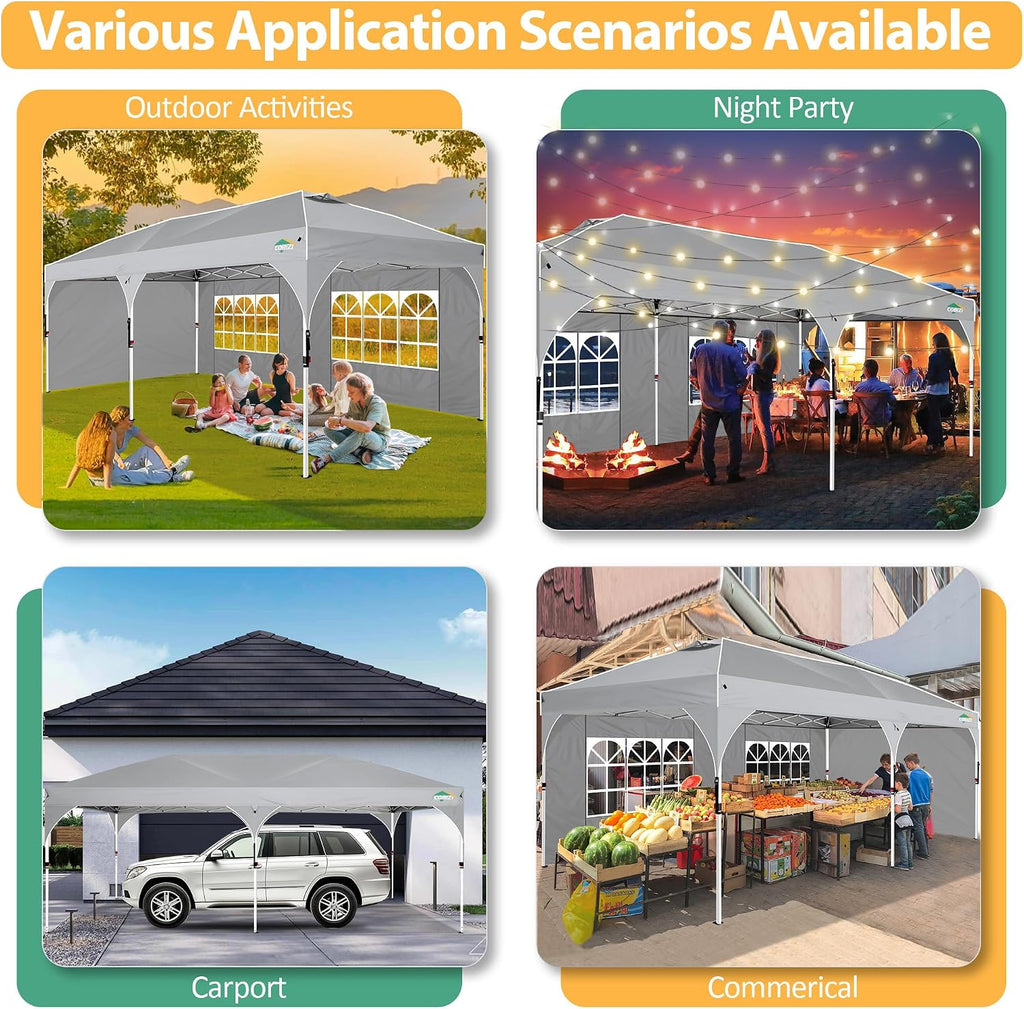 COBIZI 10x20 Pop Up Canopy: Canopy Tent with Patented Center-Lock Tech | Quick-Setup,UV-Reflective & Detachable Walls | 210D Waterproof | 3 Height Adjustments for Parties,Weddings,Outdoor Events(Gray)