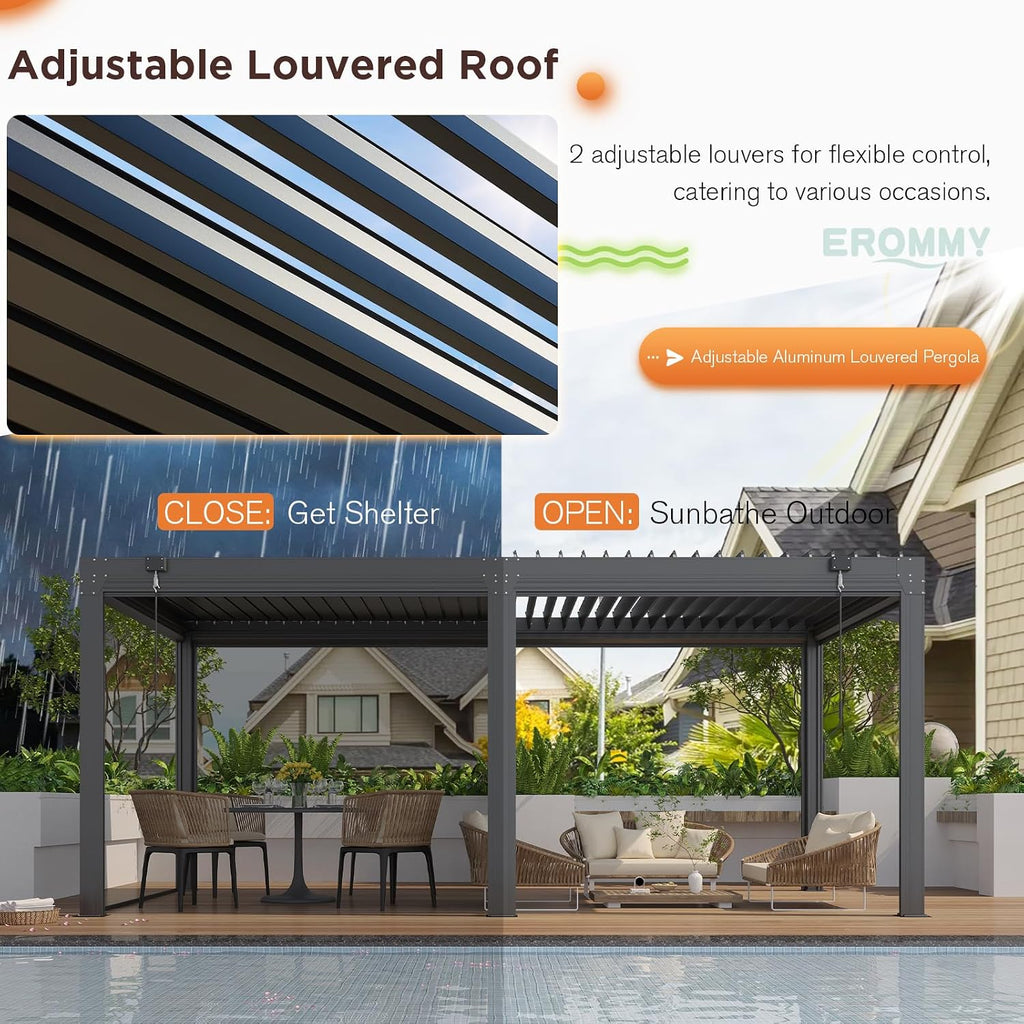 EROMMY 10x20 Louvered Pergola with Side Pull-Down Screen, Outdoor Aluminum Pergola with Thickened Frame and Adjustable Metal Rainproof Roof for Deck Patio Garden Yard, Black-Gray