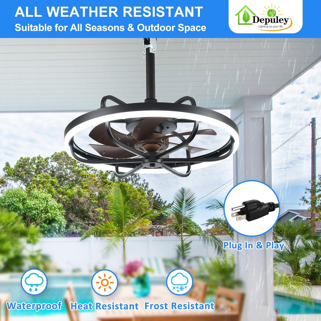 Depuley 20' Outdoor Ceiling Fan with Lights, Walnut and Black Waterproof Gazebo Hanging Fan with Remote App Control, Dimmable Plug in Caged Outdoor Ceiling Fans for patios Porch 6-Speeds