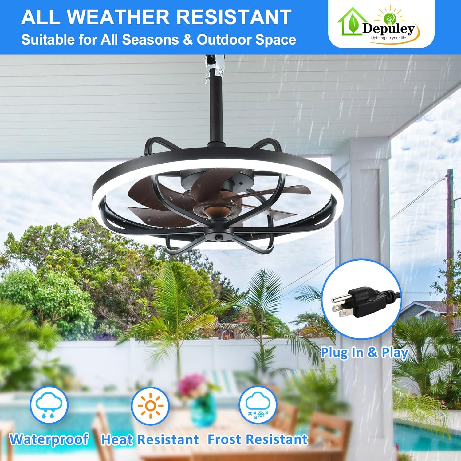 Depuley 20' Outdoor Ceiling Fan with Lights, Walnut and Black Waterproof Gazebo Hanging Fan with Remote App Control, Dimmable Plug in Caged Outdoor Ceiling Fans for patios Porch 6-Speeds