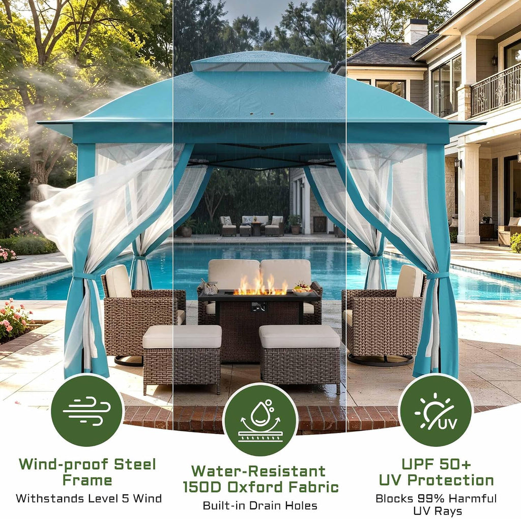 11'X11' Gazebo Pop Up with 4 Sidewalls Mosquito Netting, Heavy Duty Patio Gazebo Canopy Tent with Double Air Roofs for Backyards, Patios, Decks, Gardens, Parks