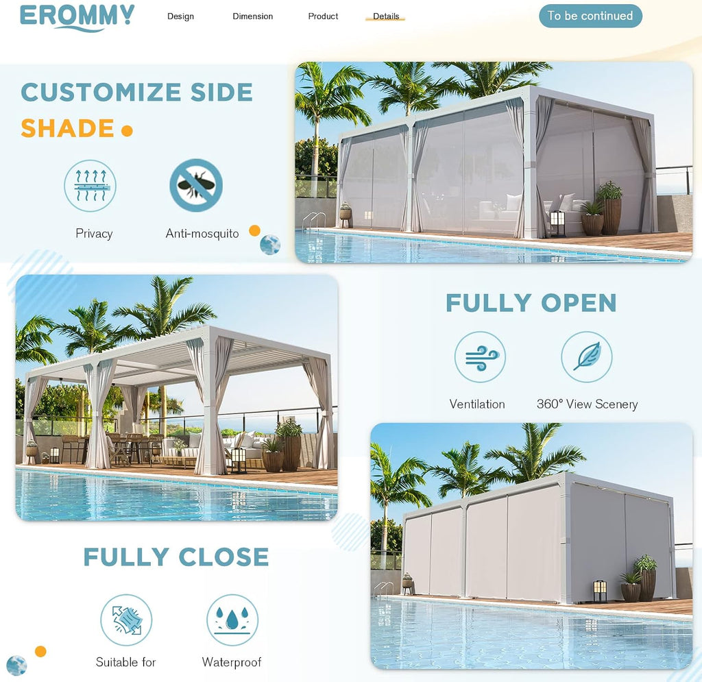EROMMY Louvered Pergola 10x20, Outdoor Aluminum Pergola with Adjustable Rainproof Roof for Garden, Patio, Deck, Waterproof Curtains and Netting Included, White