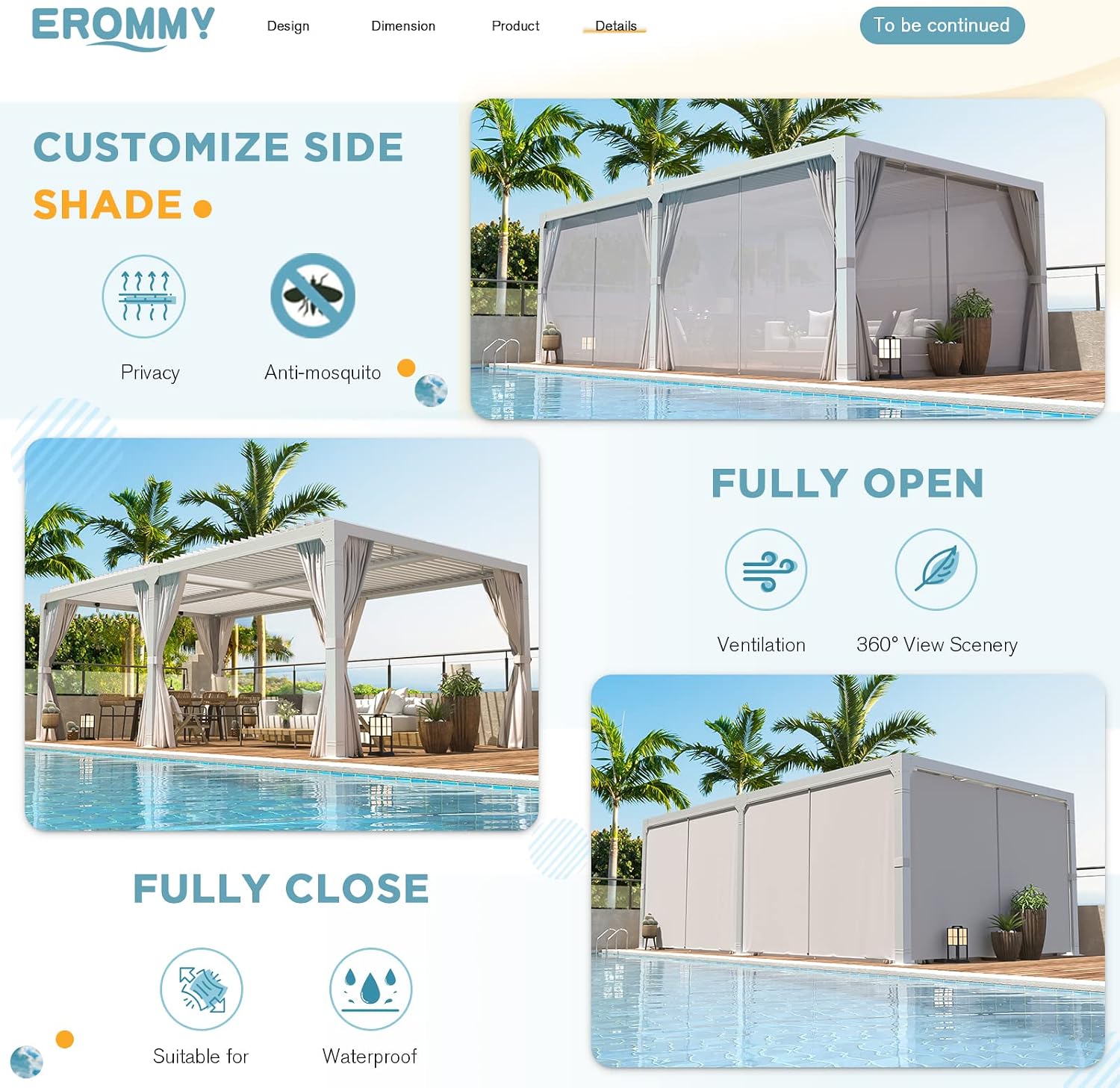 EROMMY Louvered Pergola 10x20, Outdoor Aluminum Pergola with Adjustable Rainproof Roof for Garden, Patio, Deck, Waterproof Curtains and Netting Included, White