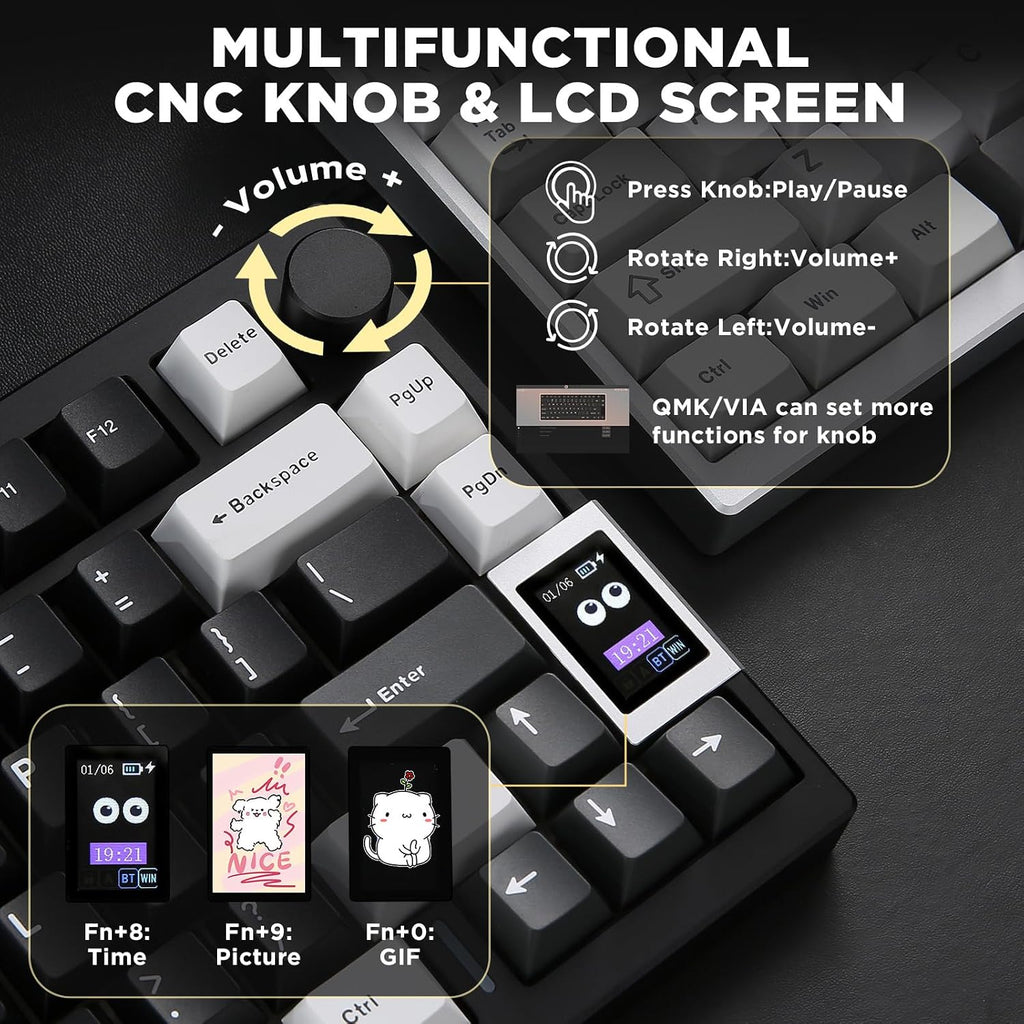 YUNZII AL80 Wireless Mechanical Keyboard,Full Aluminum CNC, Smart LCD Display,Hot Swappable Gasket Mount 75% Layout with Knob,BT/2.4G/USB-C,QMK/VIA Support for Win/Mac (Black, Cocoa Cream V2 Switch)