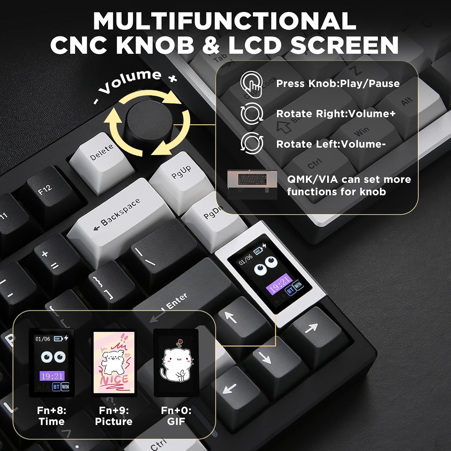 YUNZII AL80 Wireless Mechanical Keyboard,Full Aluminum CNC, Smart LCD Display,Hot Swappable Gasket Mount 75% Layout with Knob,BT/2.4G/USB-C,QMK/VIA Support for Win/Mac (Black, Cocoa Cream V2 Switch)