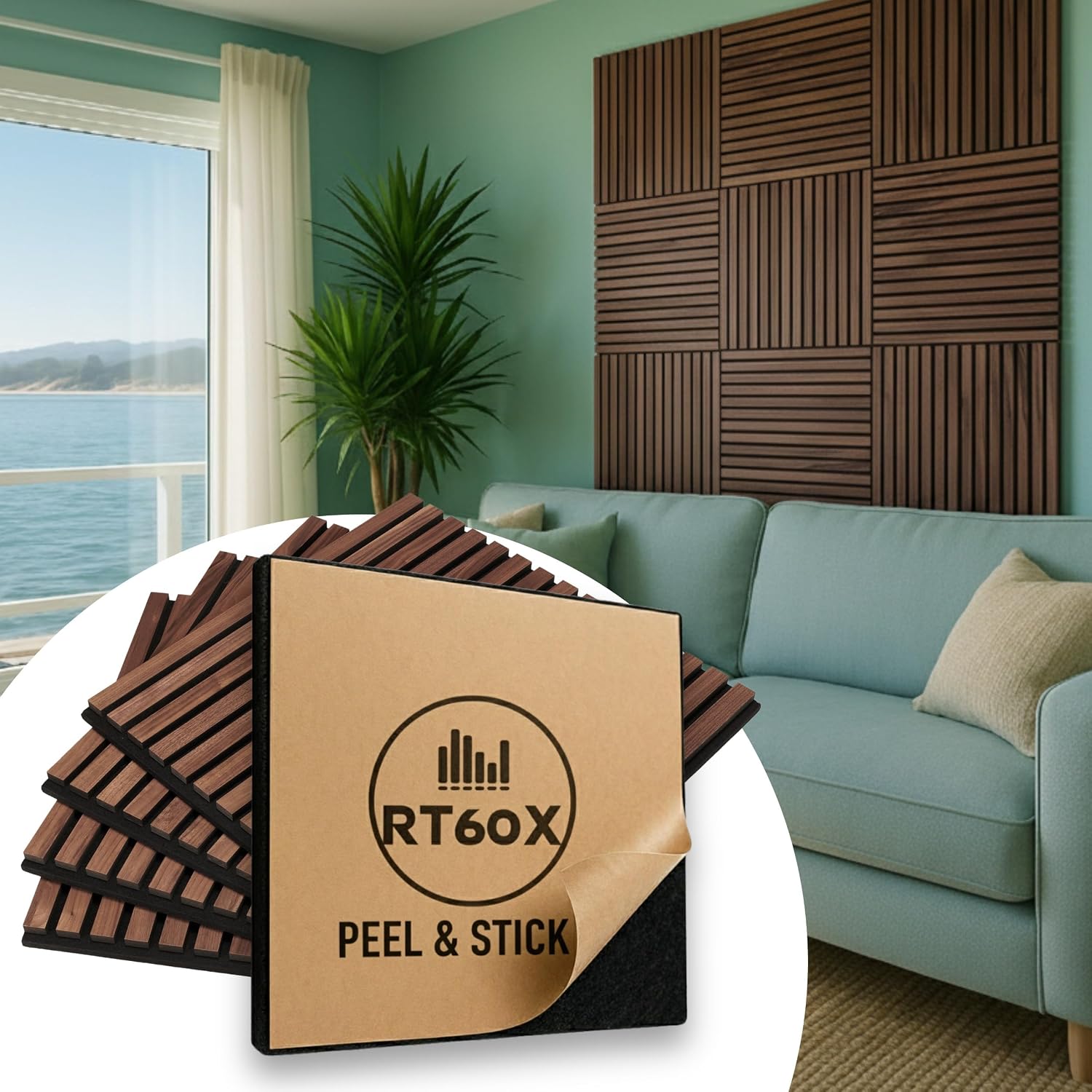 RT60X Peel & Stick Acoustic Wood Wall Panels, 4 Pack 24'x24'x1 - Self-Adhesive Sound Absorbing Slat Tiles for Studio, Home Office & Apartments, Renter-Friendly Easy Installation