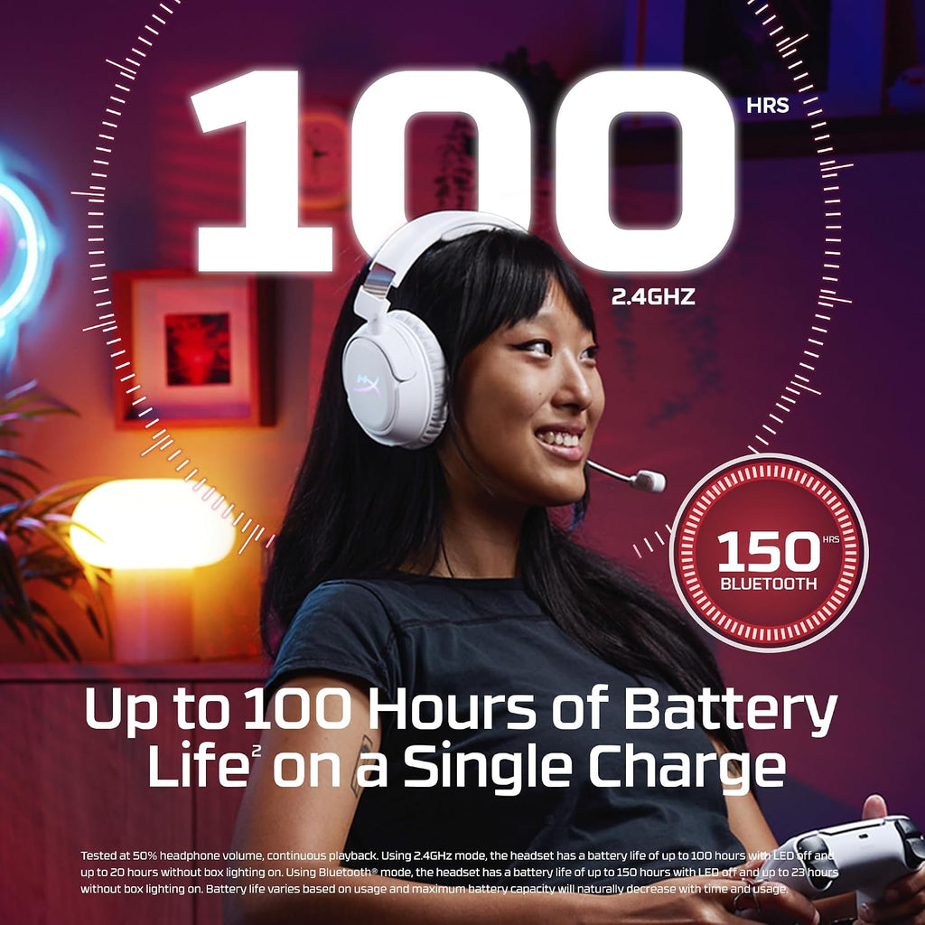 HyperX Cloud Flight 2 – Wireless Gaming Headset, Customizable RGB Lighting with Removable Earcup Plates, up to 100 Hours of Battery Life, 2.4GHz & Bluetooth, Multi-Platform Compatibility - White