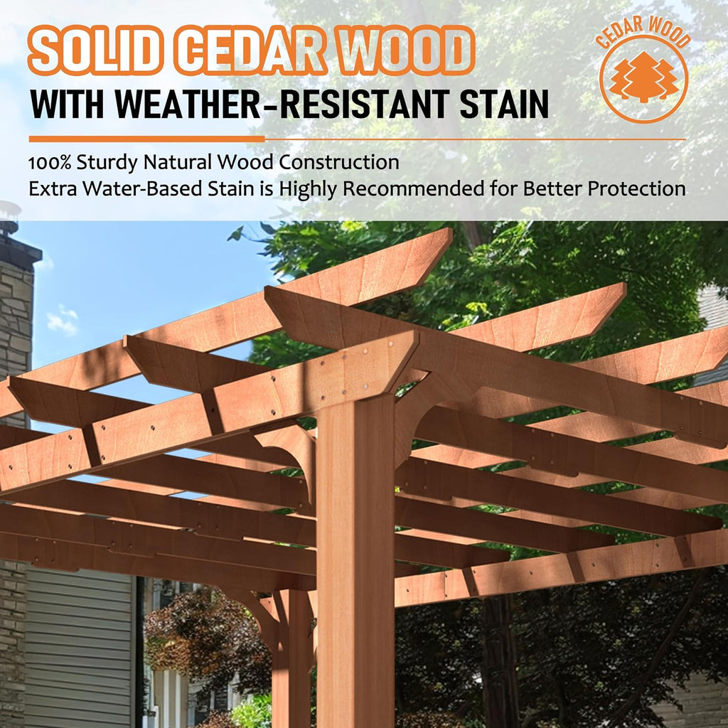 Yardenaler 10x12 FT Wooden Pergola, Cedar Wood Gazebo with Flat Roof, Outdoor Garden Shelter with Stakes Included, Patio, Deck, Backyard, Lawn