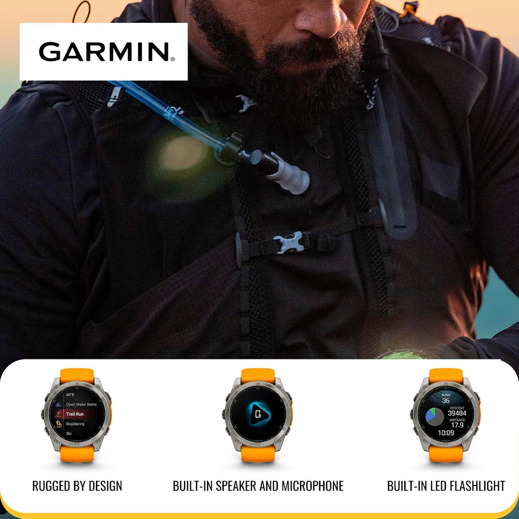 Garmin Fenix 8 Sapphire 51mm GPS Smartwatch with 1.4-Inch AMOLED Display (Spark Orange and Graphite) Bundle with Focus Camera Charger Stand and Focus Charger Port Protectors (9-Pack) (3 Items)