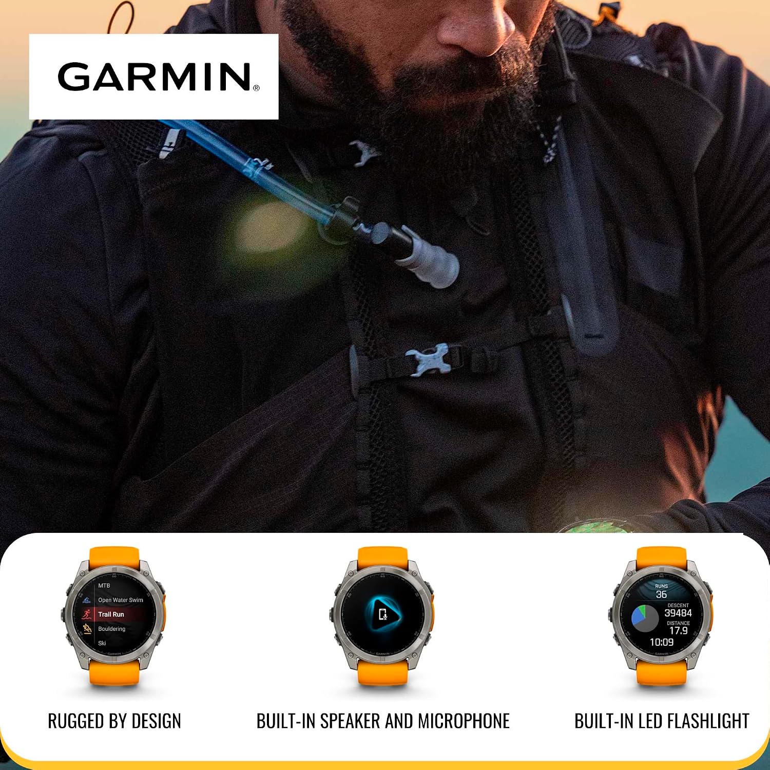 Garmin Fenix 8 Sapphire 51mm GPS Smartwatch with 1.4-Inch AMOLED Display (Spark Orange and Graphite) Bundle with Focus Camera Charger Stand and Focus Charger Port Protectors (9-Pack) (3 Items)