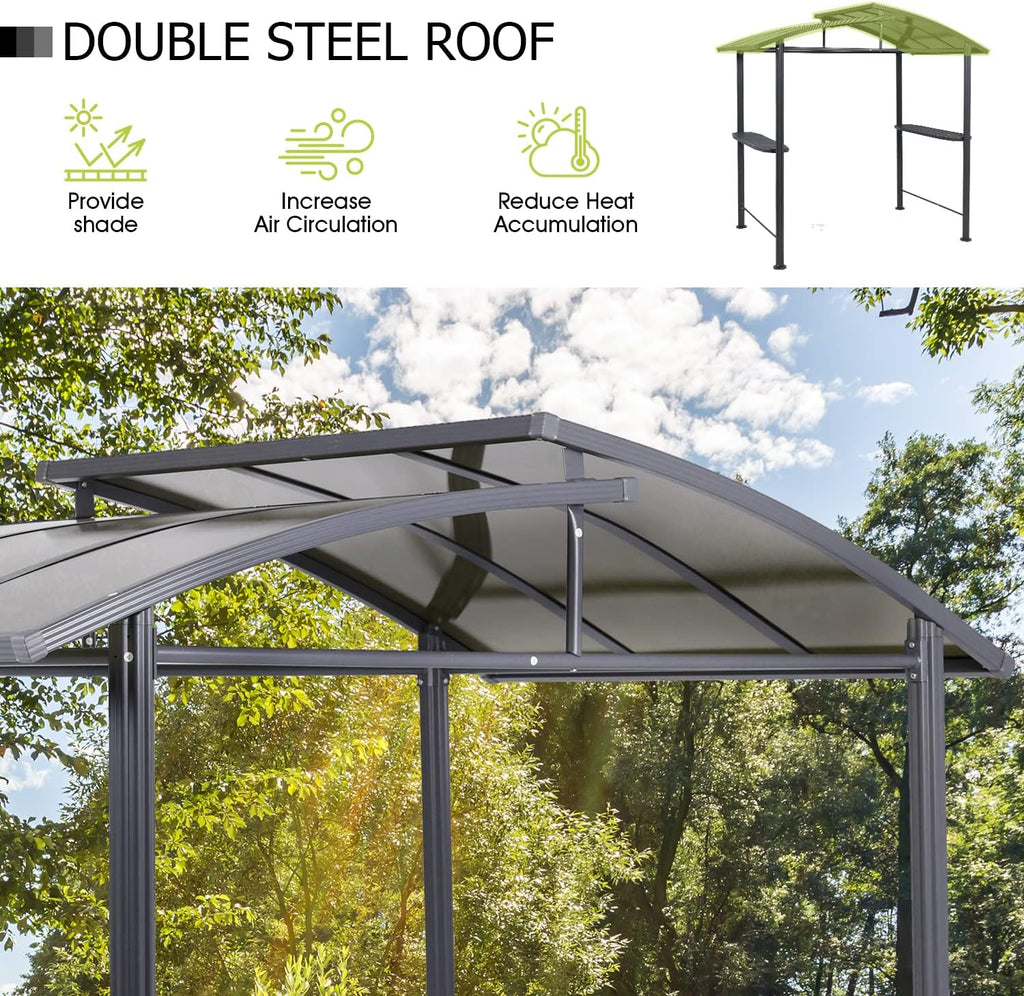 Aoodor 8 x 5 ft. BBQ Grill Gazebo Shelter, Dark Gray Steel Frame and Brown Double-Tier Polycarbonate Top Canopy, with Side Shelves, for Outdoor, Patio, Backyard
