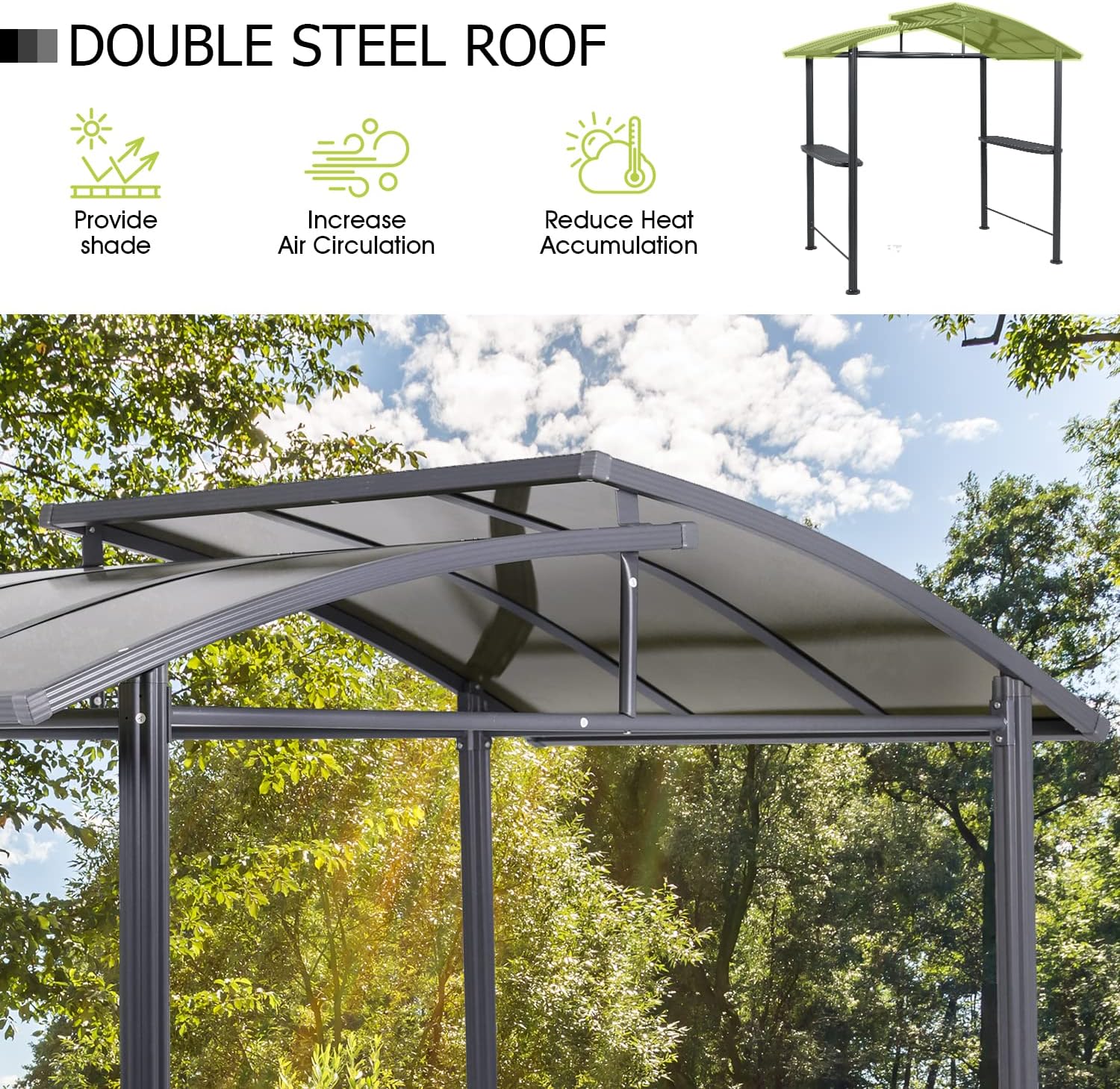 Aoodor 8 x 5 ft. BBQ Grill Gazebo Shelter, Dark Gray Steel Frame and Brown Double-Tier Polycarbonate Top Canopy, with Side Shelves, for Outdoor, Patio, Backyard