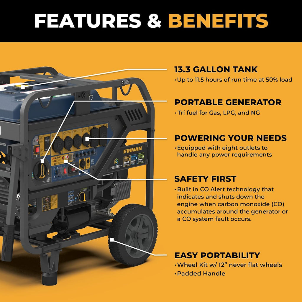 FIRMAN T12071 Tri Fuel Portable Generator, 15000W Electric Start, 12000W Running, 120-240V, CO Alert, Gas Propane Natural Gas, Wheel Kit for Home, Backup, Camping, RV, Jobsite, Emergency & Outdoor