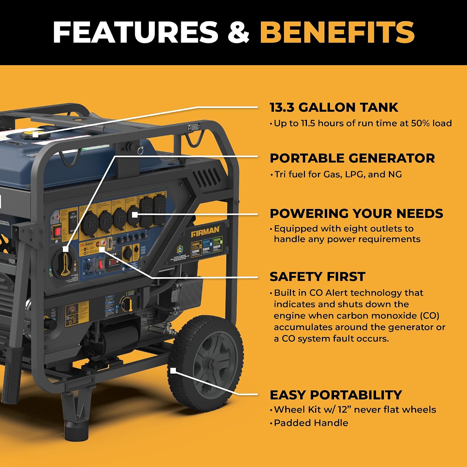 FIRMAN T12071 Tri Fuel Portable Generator, 15000W Electric Start, 12000W Running, 120-240V, CO Alert, Gas Propane Natural Gas, Wheel Kit for Home, Backup, Camping, RV, Jobsite, Emergency & Outdoor