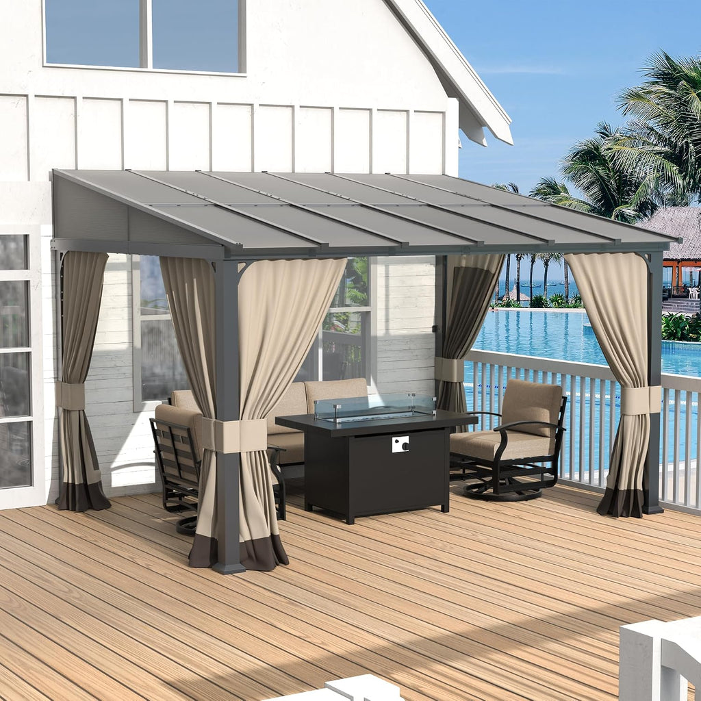 Kurapika 10' x 12' Wall Mount Gazebo Outdoor Pergola, Hardtop Lean to Gazebo Canopy Awnings with Sloped Roof and Sturdy Steel Frame, for Patio, Porch, Deck, Backyard(Sand)