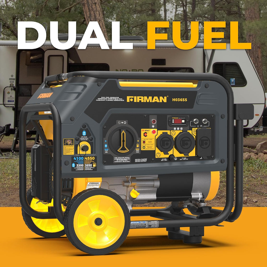 FIRMAN H03655 Dual Fuel Portable Generator, 4550W Gas 3650W Running, 4100W Propane, Recoil Start, 120V, CO Alert, Low Oil Shut Off, RV Ready, Home Backup, Camping, Outdoor Power