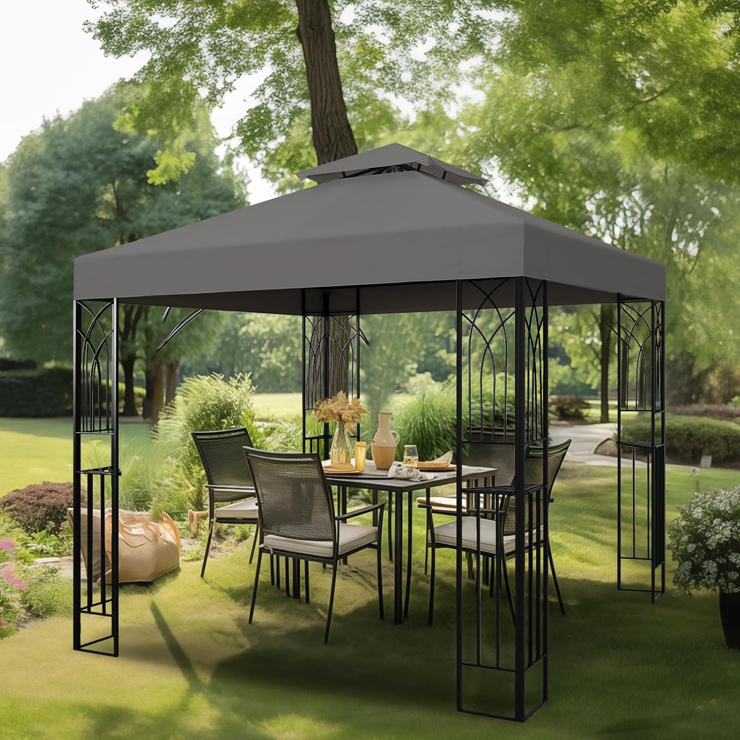 8x8 Outdoor Gazebo for Backyard, Patio Gazebo Tent with Corner Shelves, Gray