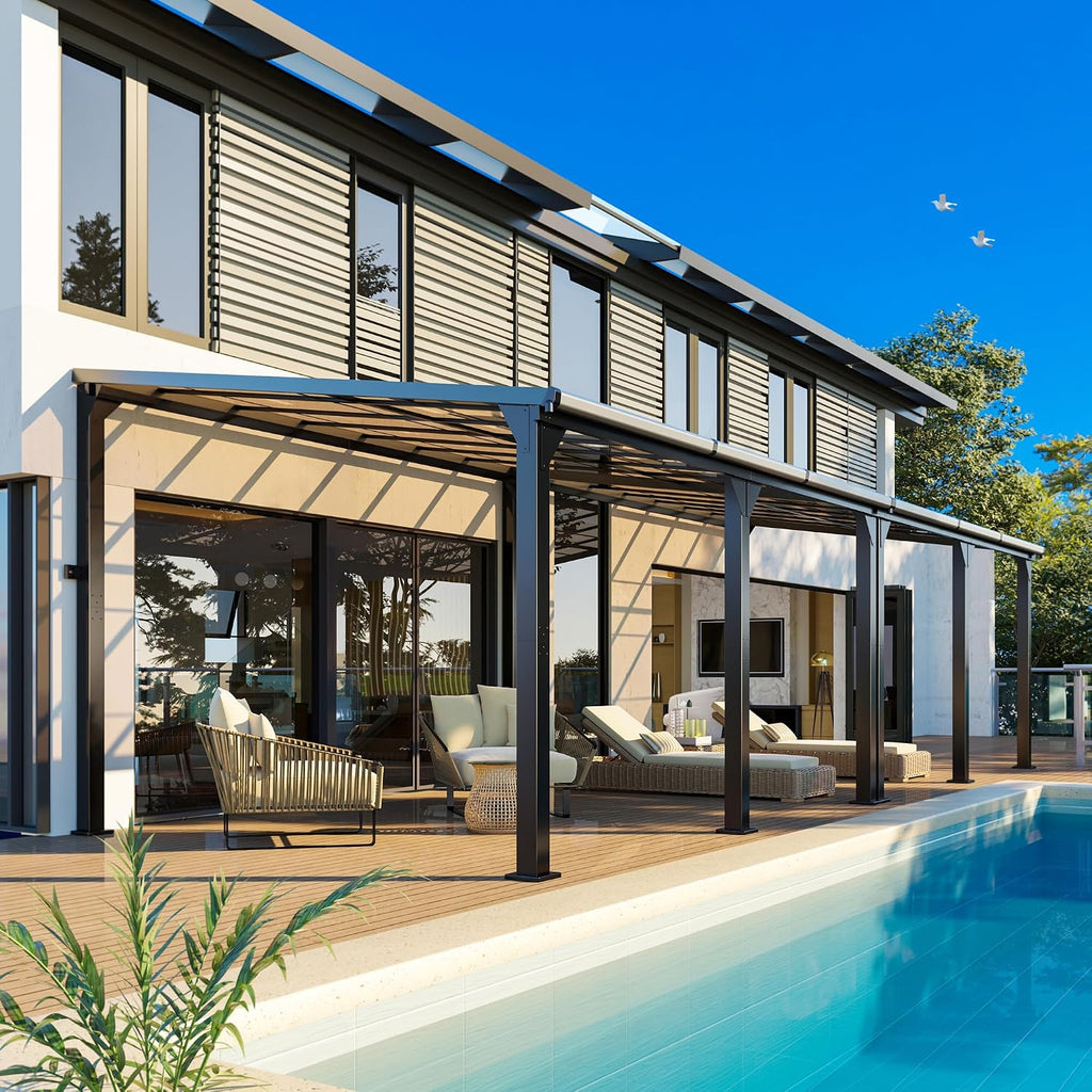 10 * 28FT Pergola,4 * 9 Inch Thickened Pillars & Enlarged Base,Outdoor Hardtop Lean to Gazebo,Wall Mounted Pergola,Pergolas Gazebos Clearance,Aluminum Frame Pergola,UV Resistant Patio Roof