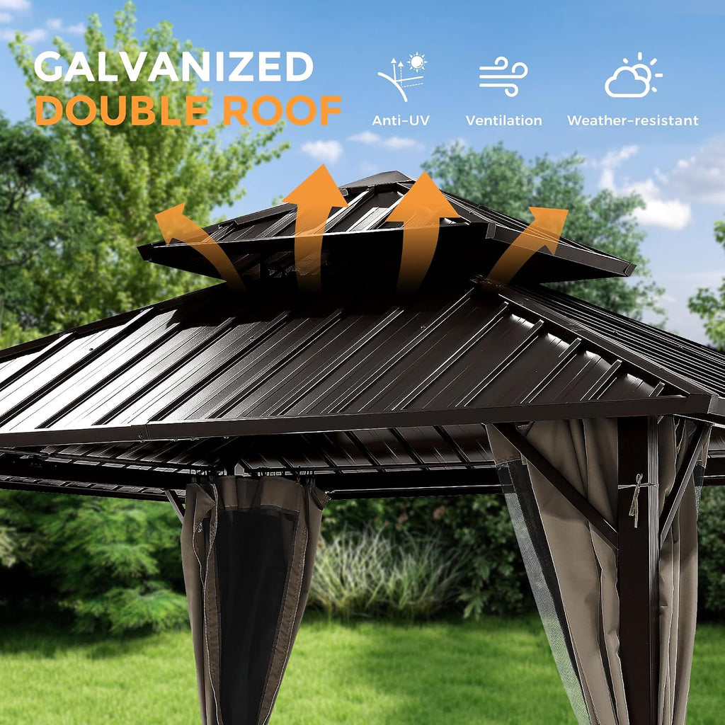 HAPPATIO 12'x12' Outdoor Gazebo with Hardtop Roof, Double Galvanized Steel Roof Canopy with Aluminum Frame, Curtains and Netting for Patio, Backyard, Deck, Lawn, Easy Assembly (Brown)