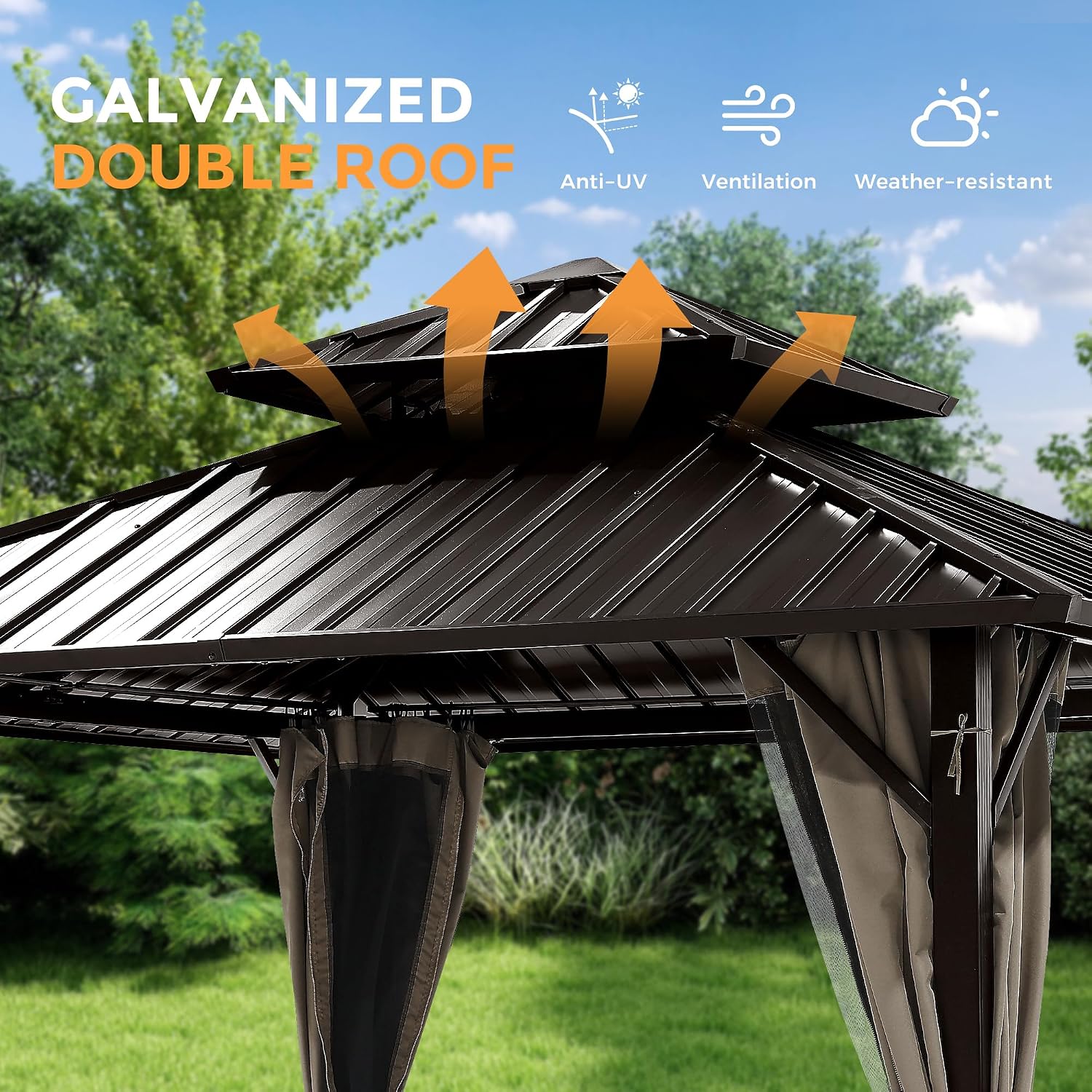 HAPPATIO 12'x12' Outdoor Gazebo with Hardtop Roof, Double Galvanized Steel Roof Canopy with Aluminum Frame, Curtains and Netting for Patio, Backyard, Deck, Lawn, Easy Assembly (Brown)