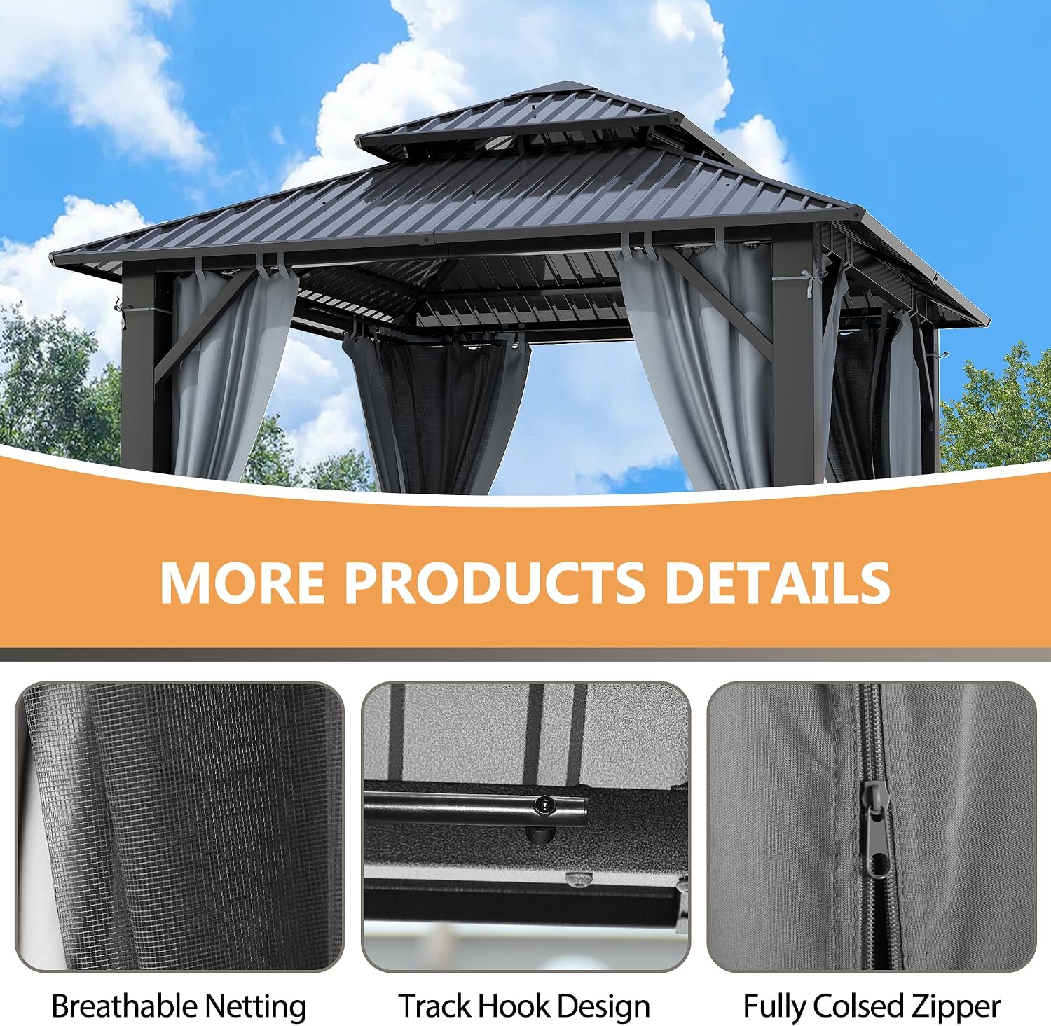 8.5'x8.5' Hardtop Gazebo, Outdoor Double Roof Galvanized Steel Gazebo, Aluminum Frame Permanent Pavilion with Curtains & Netting for Backyard, Patio, Deck (Galvanized Steel Top, 8.5x8.5 FT)
