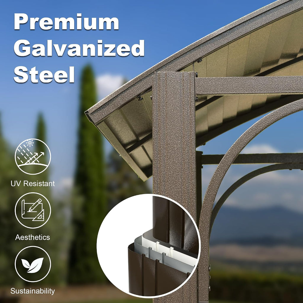 Domi 8x5FT Hardtop Grill Gazebo, Outdoor BBQ Gazebo with 2 Side Shelves and Bottle Opener, Outdoor Grill Canopy with Galvanized Steel Double Roof for Patio Lawn Backyard Deck, Brown