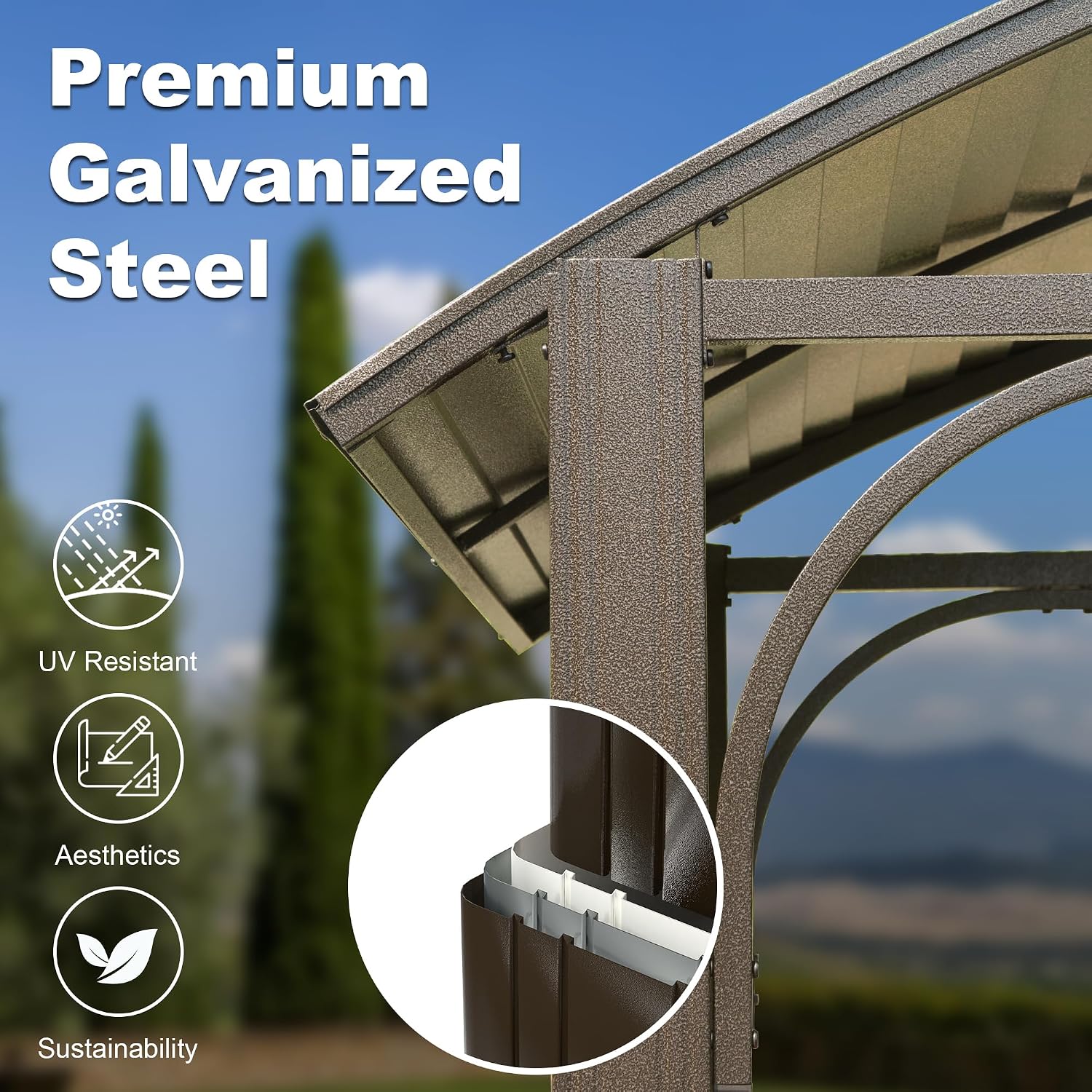 Domi 8x5FT Hardtop Grill Gazebo, Outdoor BBQ Gazebo with 2 Side Shelves and Bottle Opener, Outdoor Grill Canopy with Galvanized Steel Double Roof for Patio Lawn Backyard Deck, Brown