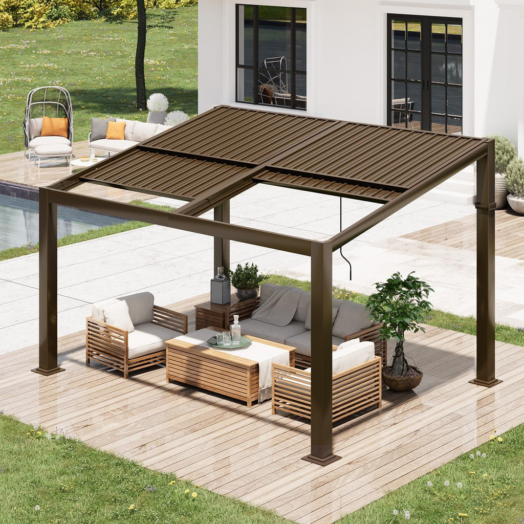 Gazebo 10x13 with Adjustable Galvanized Steel Roofs, All Aluminum Frame Permanent Pergola for Patio, Outdoor Freestanding Shelter, Dark Brown