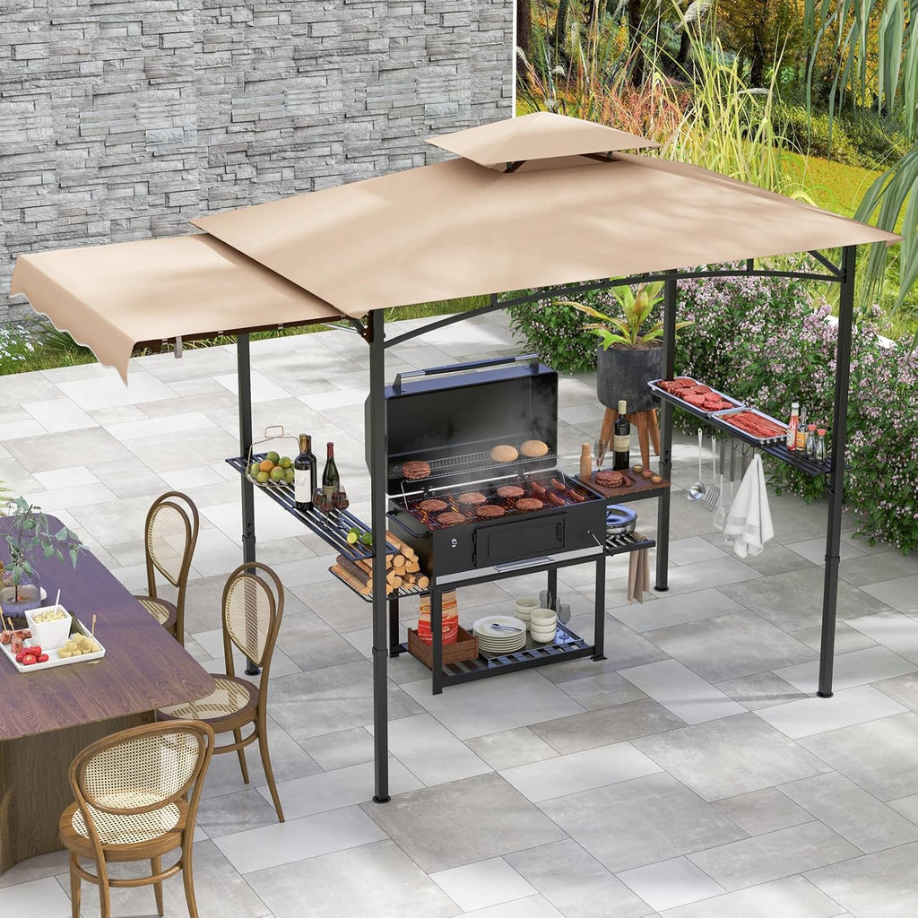 HAPPYGRILL Outdoor Grill Gazebo Canopy 11 x 5 FT, Barbecue Canopy with Double-Tiered Top, 2 Side Shelves, Hanging Hooks, Bottle Opener, Metal Frame, BBQ Grilling Shelter