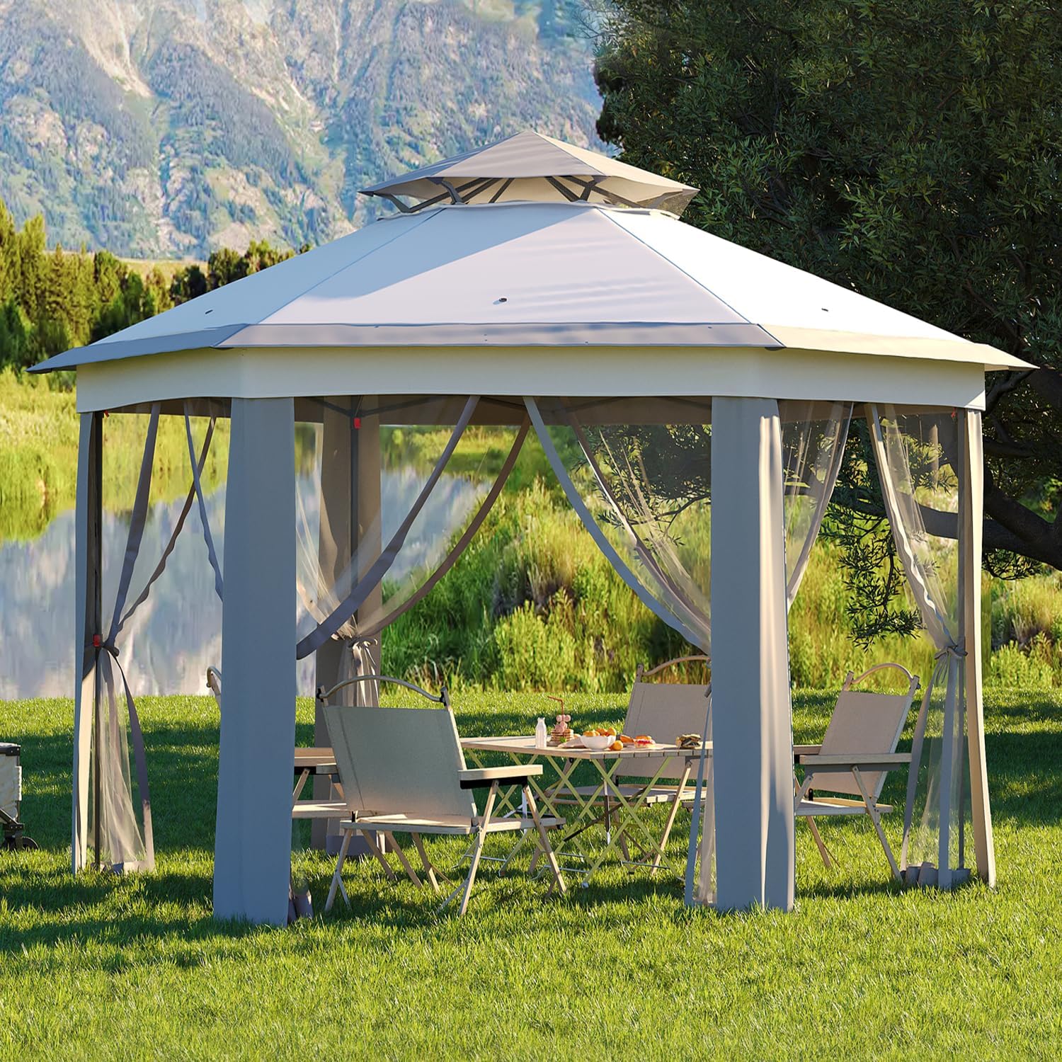 13 x 13FT Pop Up Gazebo, Hexagonal Outdoor Canopy Shelter, Instant Patio Gazebo Tent With Mesh Netting and Strong Steel Frame for Patio Backyard Garden Wedding Party,Light Gray+Dark Gray