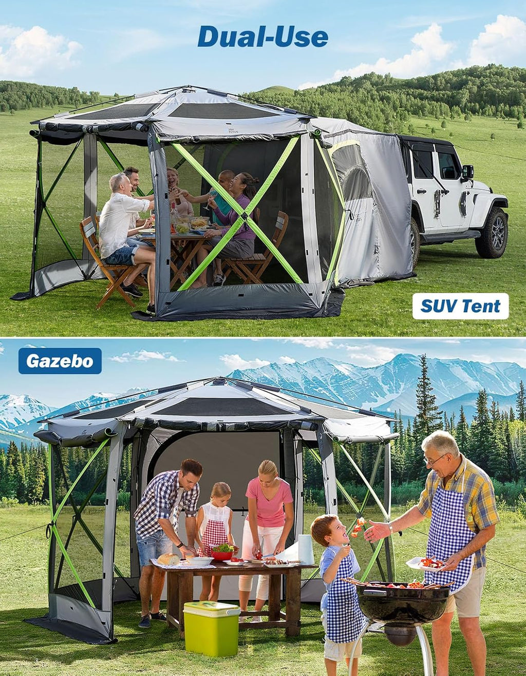 JOYTUTUS Dual-Use Pop up SUV Tent for Camping, 11x11 FT for Family, SUV Tailgate Tent for Vehicle Camping, Outdoor Gazebo, Canopy Shelter Portable Carry Bag, Grey Green