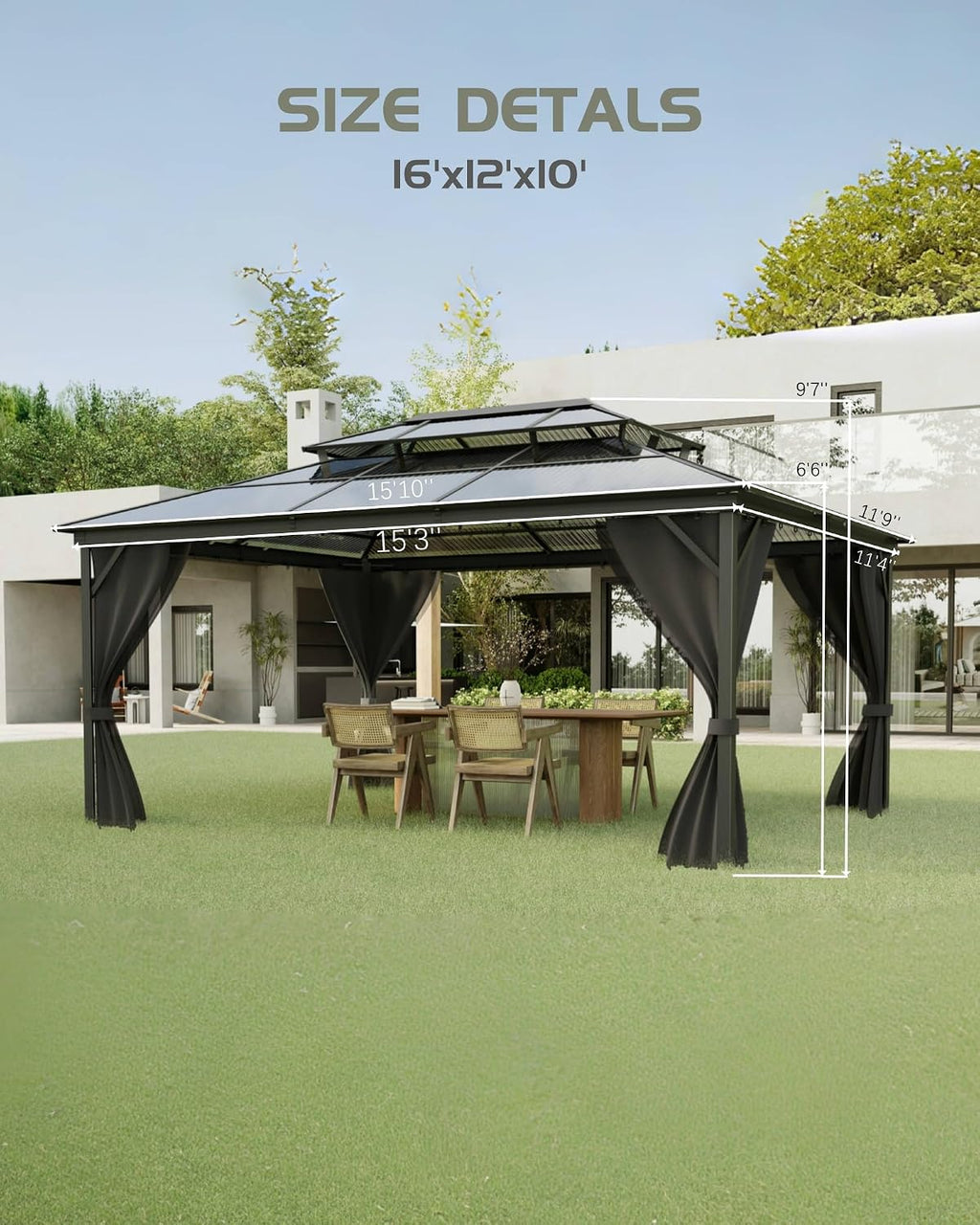 GarveeLife Hardtop Gazebo 12 ft x16 ft for All Weather, Double Polycarbonate Sheets Roof, Aluminum Alloy Frame, Net, and Curtain, Permanent Building for Patio, Deck, Backyard, Lawn, and Garden, Gray