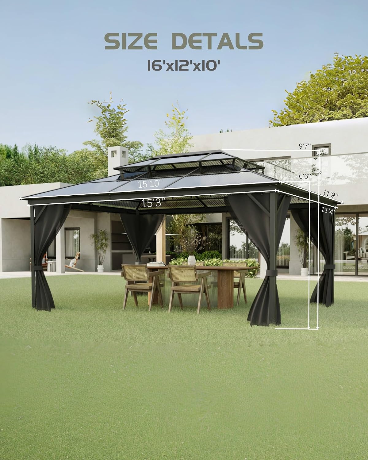GarveeLife Hardtop Gazebo 12 ft x16 ft for All Weather, Double Polycarbonate Sheets Roof, Aluminum Alloy Frame, Net, and Curtain, Permanent Building for Patio, Deck, Backyard, Lawn, and Garden, Gray