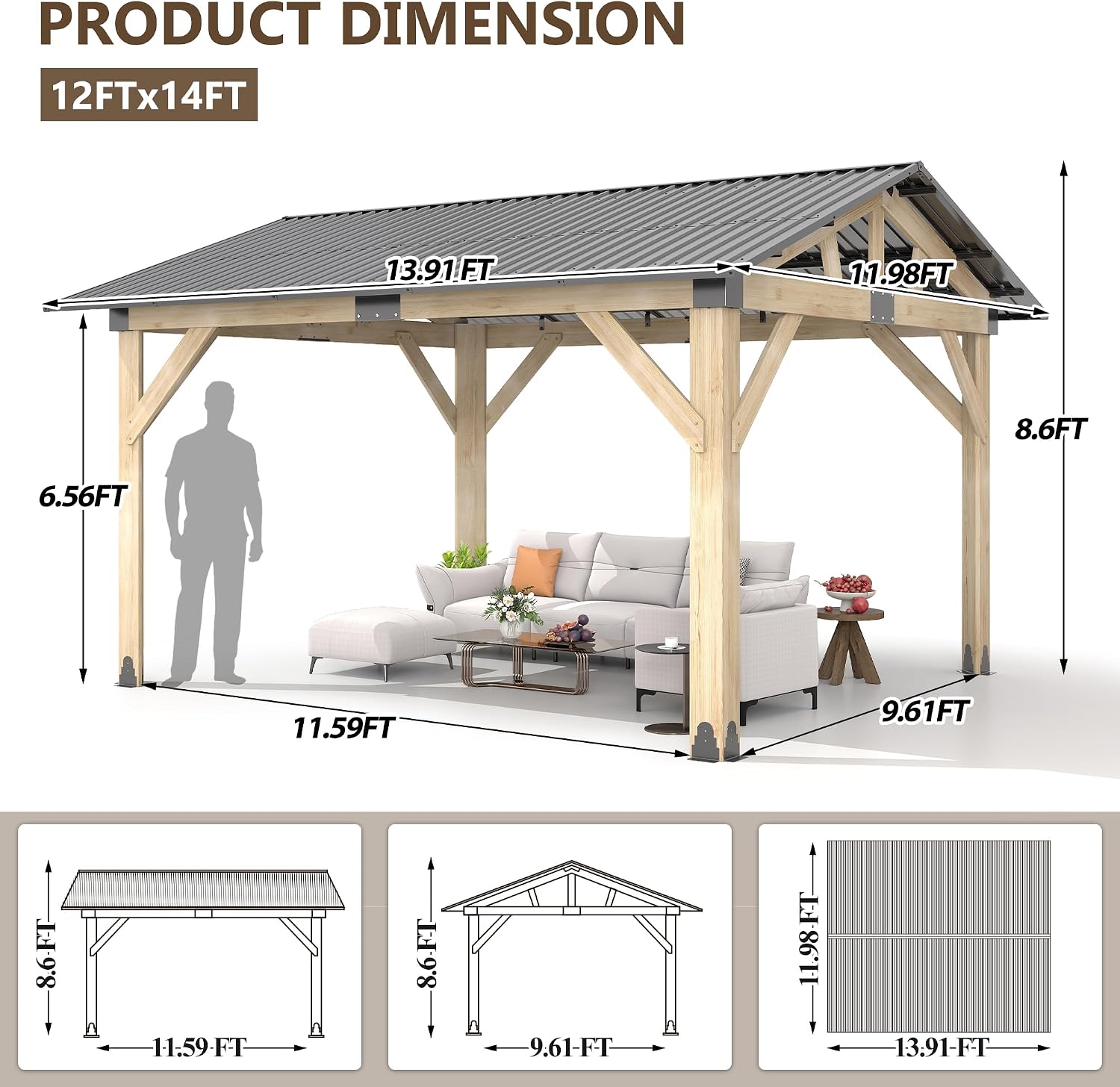 12'x14' Wood Gazebo, Outdoor Hardtop Gazebo, Cedar Frame Wooden Gazebos with Waterproof Steel Roof, Fit Patio, Backyard, Garden, Lawns, Porch
