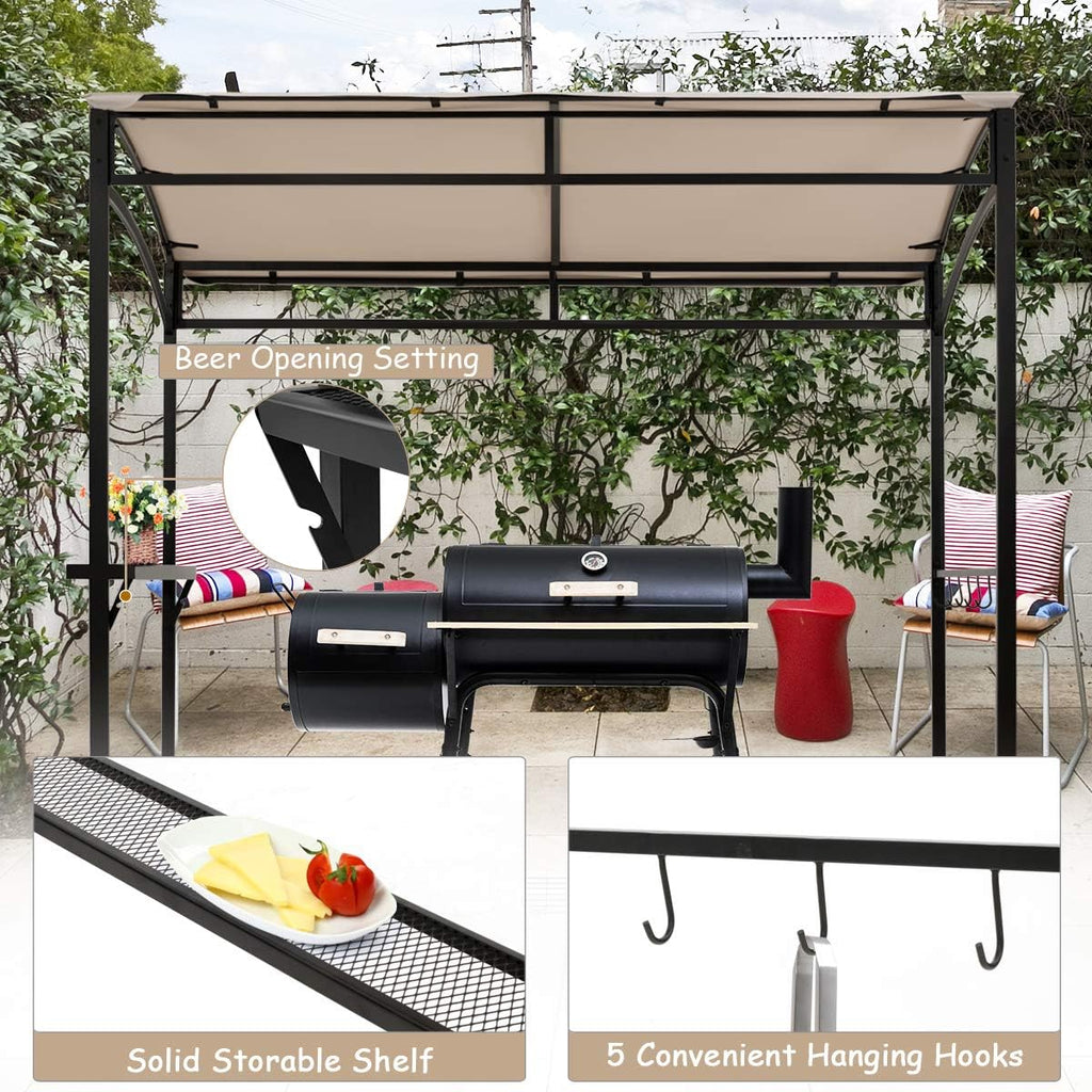 LDAILY Grill Gazebo, 7x4.4ft BBQ Canopy Shelter with Storage Shelf and Hooks, Heavy-Duty Steel Frame, Grill Pergola with Bottle Opener Notch, Small Gazebo for Backyard, Patio, Garden (Beige)