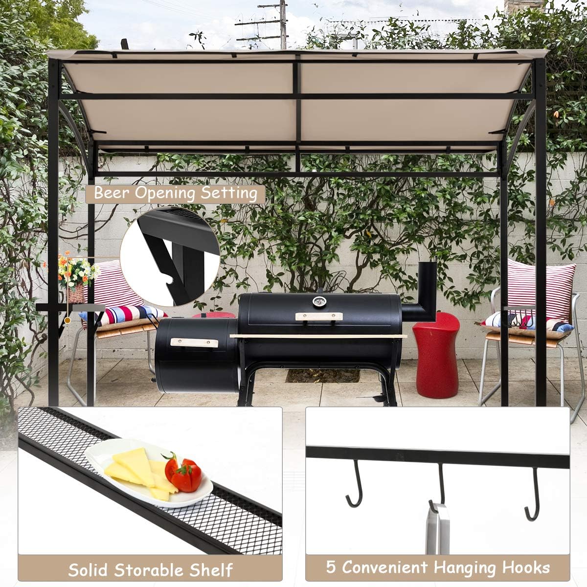 LDAILY Grill Gazebo, 7x4.4ft BBQ Canopy Shelter with Storage Shelf and Hooks, Heavy-Duty Steel Frame, Grill Pergola with Bottle Opener Notch, Small Gazebo for Backyard, Patio, Garden (Beige)